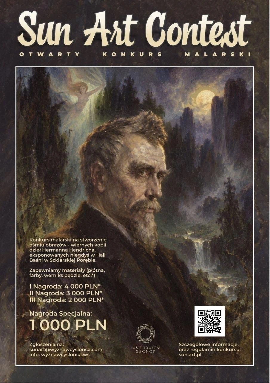 Plakat konkursu Sun Art Contest Hermann Hendrich 2026: Hermann Hendrich na tle karkonoskich skał, z Duchem Gór i księżycem
